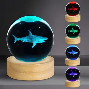 3D Shark Crystal Ball Night Light, Colorful Switch LED Base, Ocean Animal Theme Statue Lamp, Perfect Gift for Mother's Day, Valentine's Day, Birthday