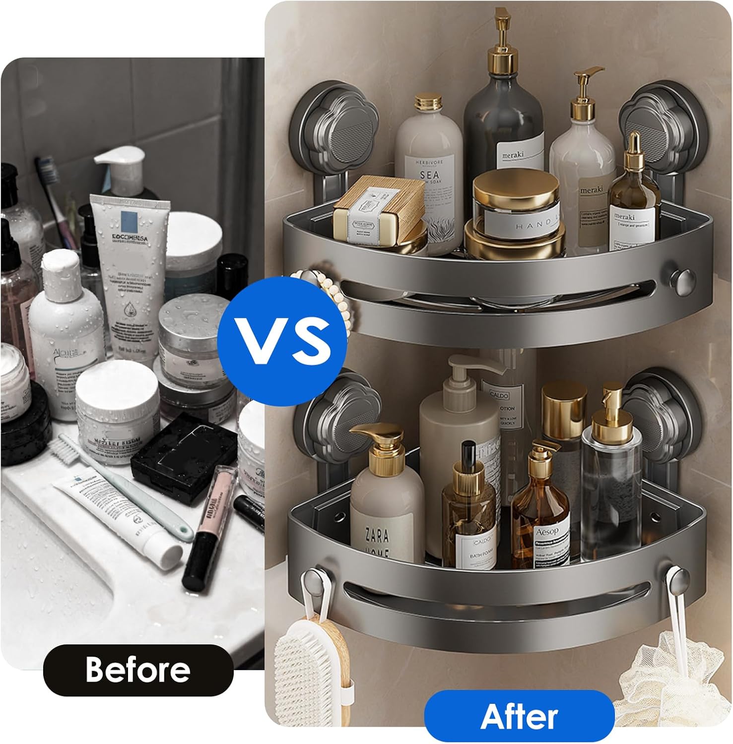 No-Drill Black Suction Corner Shower Caddy – Rustproof ABS Plastic Wall-Mounted Bathroom Organizer Rack, Space-Saving Shower Shelf