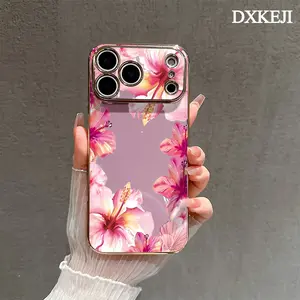 Case for iPhone 17 15 Pro Max 16 Air 14 Plus 13 12 11 Fresh Watercolor Hibiscus Flower Luxury Golden Edge Elecroplated TPU Camera Lens Protection Mobile Phone Cover Gift for
