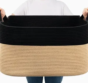 Set of three black hemp patchwork cotton rope baskets