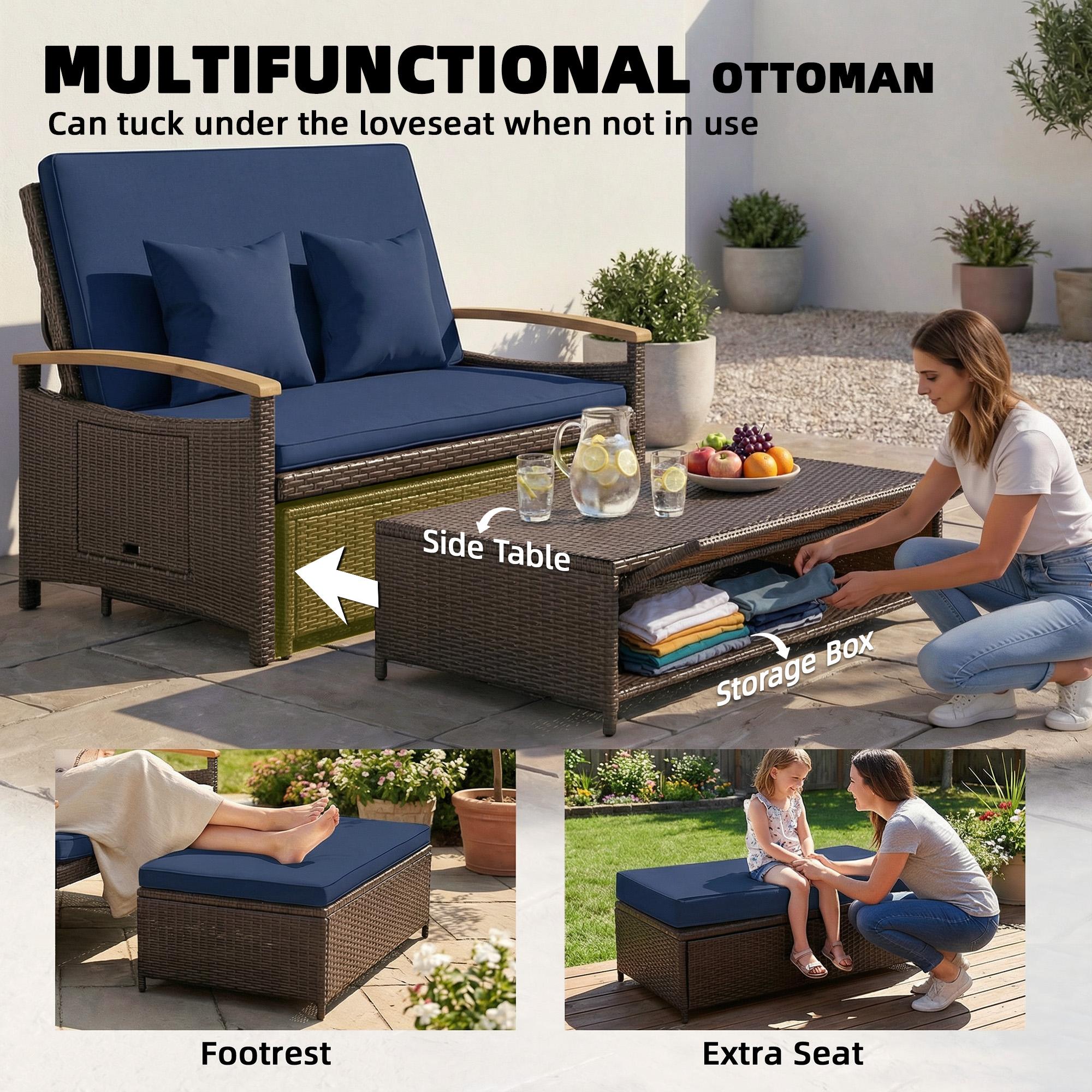 Rattan Outdoor Daybed w/4-Level Adjustable Backrest, Patio Sofa Bed w/Storage Ottoman, Acacia Wood Armrest, Navy Blue