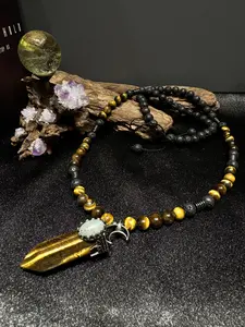Tiger's Eye Moon Triangle Necklace + Crystal Pillar Necklace