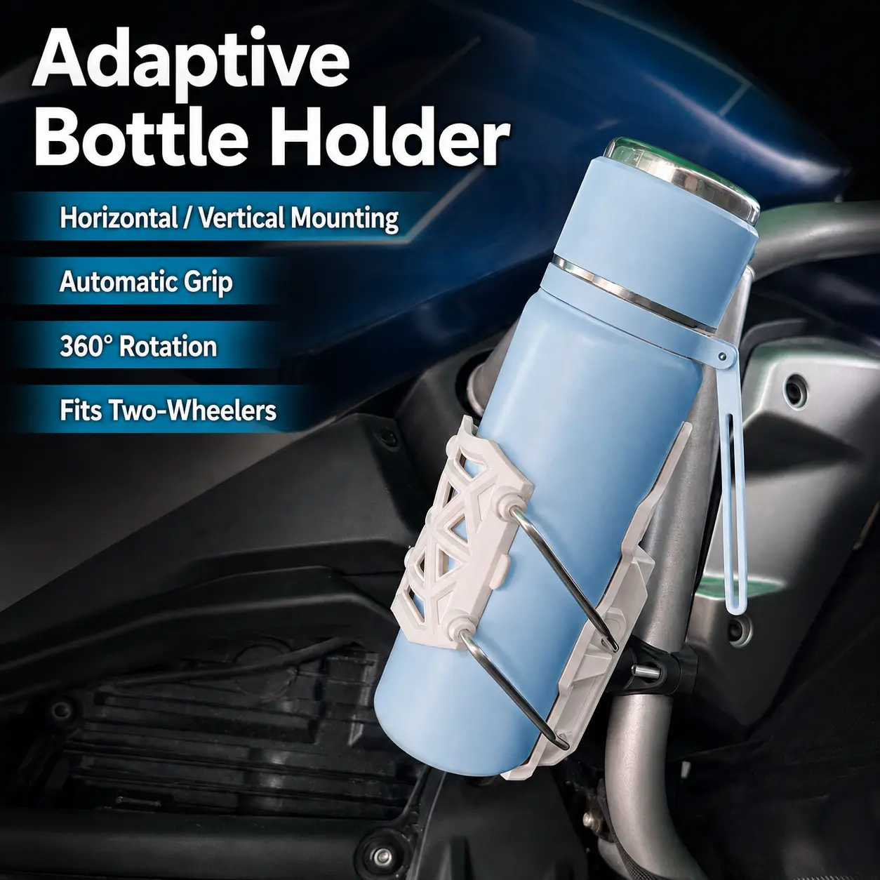 Adjustable Motorcycle Cup Holder, Self-Adjusting Bike Water Bottle Holder with 360° Rotatable Clamp Mount, Fits 32–77 mm Bottles for Motorcycles, Bicycles, E-Bikes & Scooters