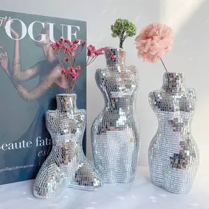 Modern Chic Vase Form, Centerpieces 7 inch Silver Handmade Ceramic Disco Shaped Vase, Creative Disco Floral Vases for Flowers Plant Boho Home Art Decor, Ceramic Bouquet Vase, Decorative Vase