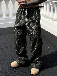 New Spring Fall Camo Leaf Branch Casual Pants, Loose Drawstring Straight Leg Sportswear, Comfortable Unisex Fashion for Daily