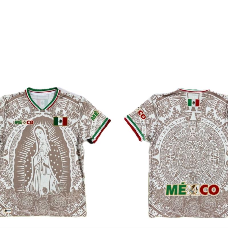 Virgen de Guadalupe Mexico Jersey Pink and Black Color with Green White and Red Trim and Mexican Flag Design