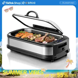 Kismile Smokeless Indoor Grill, 1500W Electric Grill Indoor with Tempered Glass Lid, Non-Stick Korean BBQ Grill with 6-Level Temp Control, Dual-Turbo Smoke Extractor, Drip Tray & Dishwasher-Safe Parts