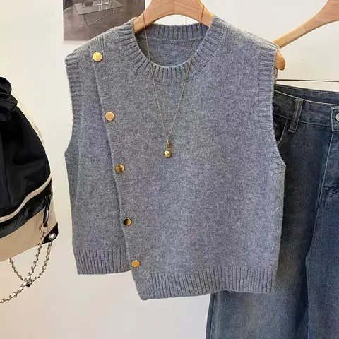 Women's Sleeveless Knit Vest, Y2K Basic Casual Style, Perfect for Spring & Fall, Solid Color Knitwear