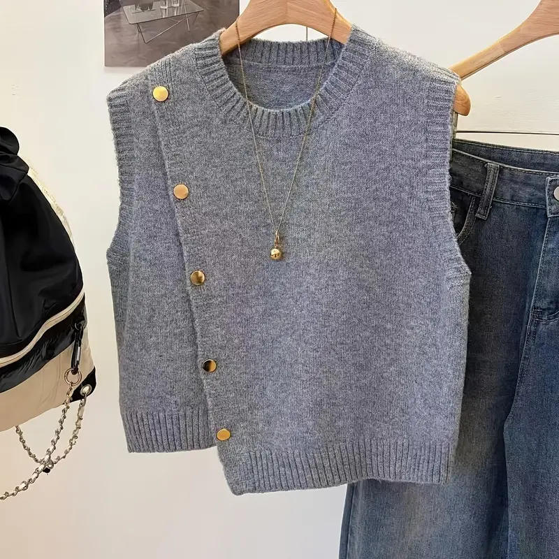 Women's Sleeveless Knit Vest, Y2K Basic Casual Style, Perfect for Spring & Fall, Solid Color Knitwear