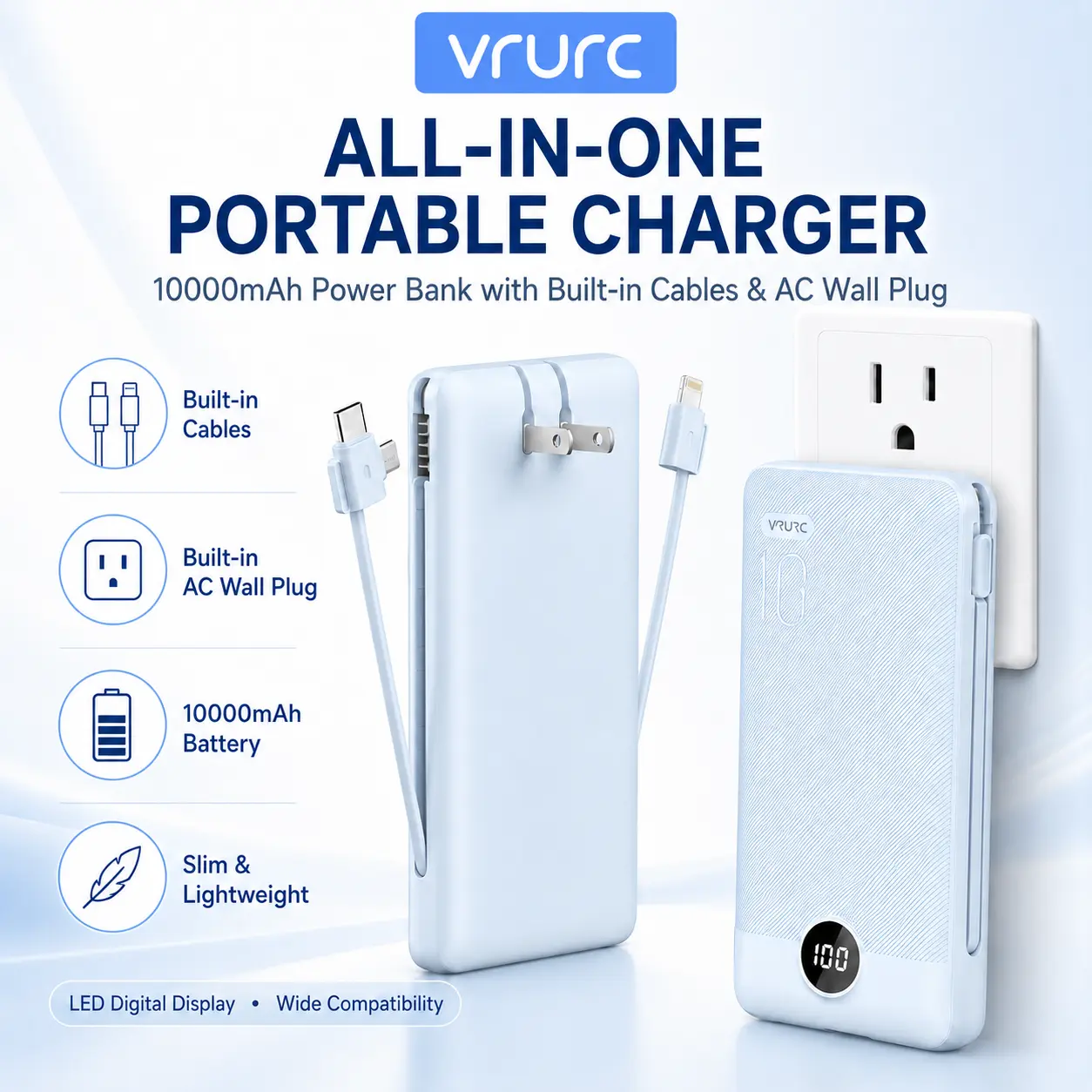 VRURC 10000mAh Portable Power Bank with Built-in Plug, 4 Cables, PD20W Fast Charger, LED Display - Electronic Phone Accessory with USB, Micro Ports, Travel Essential