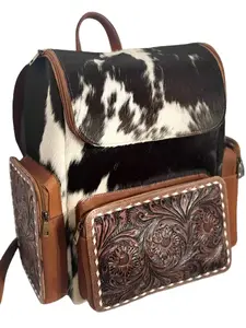 Tooled Rider Cowhide Backpack - Unisex Genuine Leather 17x16x9.5 Inches with Spacious Interior & 3 Outside Zips for Diaper Bag or Work