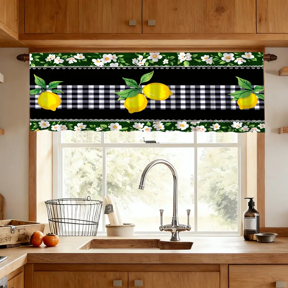 1pc Lemon Trimmed Plaid Kitchen Curtain, Home Decoration Curtain, Natural Fresh Style Valance, Suitable for Kitchen, Coffee Shop, Restaurant, Entryway Decor, Moving Gift