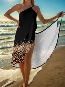 Sexy Multi-Style Beach Cover-Up Dress, Leopard Print, Single Shoulder, Wrap Style, Summer Vacation, Swimsuit Cover Ups
