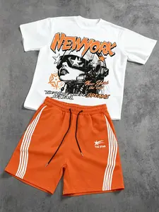 2-Piece Men’s Set: White "New York" Print T-Shirt + Orange Drawstring Shorts, Streetwear Style, Suitable For Daily Wear, Travel, Summer & Casual Occasions