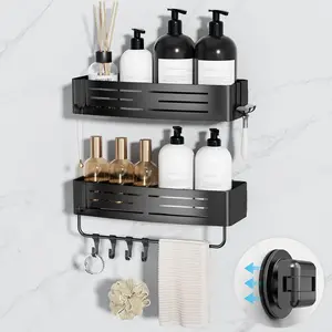 Shower Suction Cup,2-Pack Shower Shelf Organizer, Suction Shelves with, Shower Caddies Corner with Bar,Black