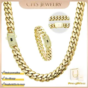 [Set]14K gold-plated Cuban necklace and bracelet combination set, new anti-rust technology, comfortable to wear and non-allergic.6mm/8mm/10mm/12mm/14mm can be selected.Suitable for leisure, business, entertainment and any other occasions