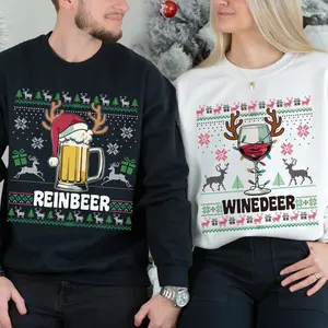 Winedeer Ugly Christmas Couple Sweatshirt, Funny Christmas T-Shirts For Couples, Christmas Sweaters, Couple Sweaters, Perfect Holiday Gift