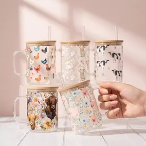 Farm Collection 2025 17oz Glass Mug with Lid and Straw, Iced Coffee Drinkware, Gift for Her, water bottle for women, chicken gifts for women, Tea, Sturdy, Glossy, Lightweight, Reusable, Bamboo, Container, Silicone