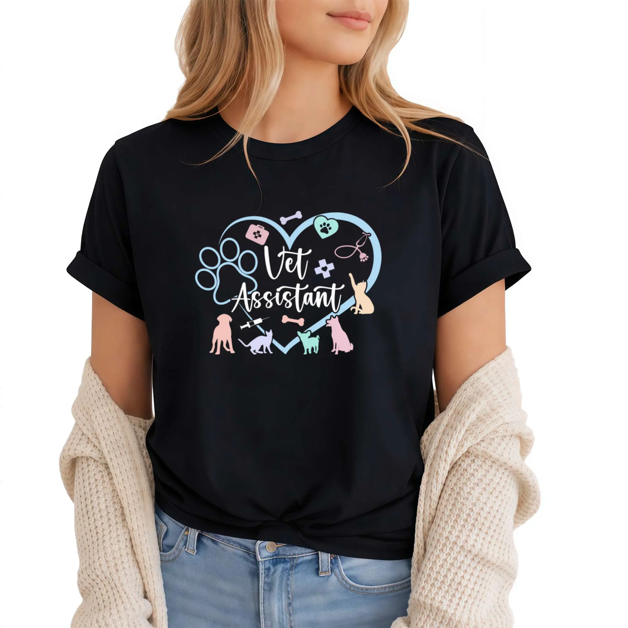 Women's Cotton T-Shirt - Vet Assistant Heart Paw Print, Crew Neck Short Sleeve, Unisex Pet Clinic Worker TopValentines Day,  Athletic, Syringe, All Seasons, Basic, Casual, Chic