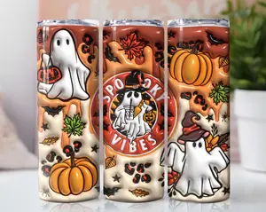 Halloween Fall Spooky Vibes 20oz Tumbler with Straw - Ghost Pumpkin Design & Autumn Leaves Pattern for Hot & Cold Beverages