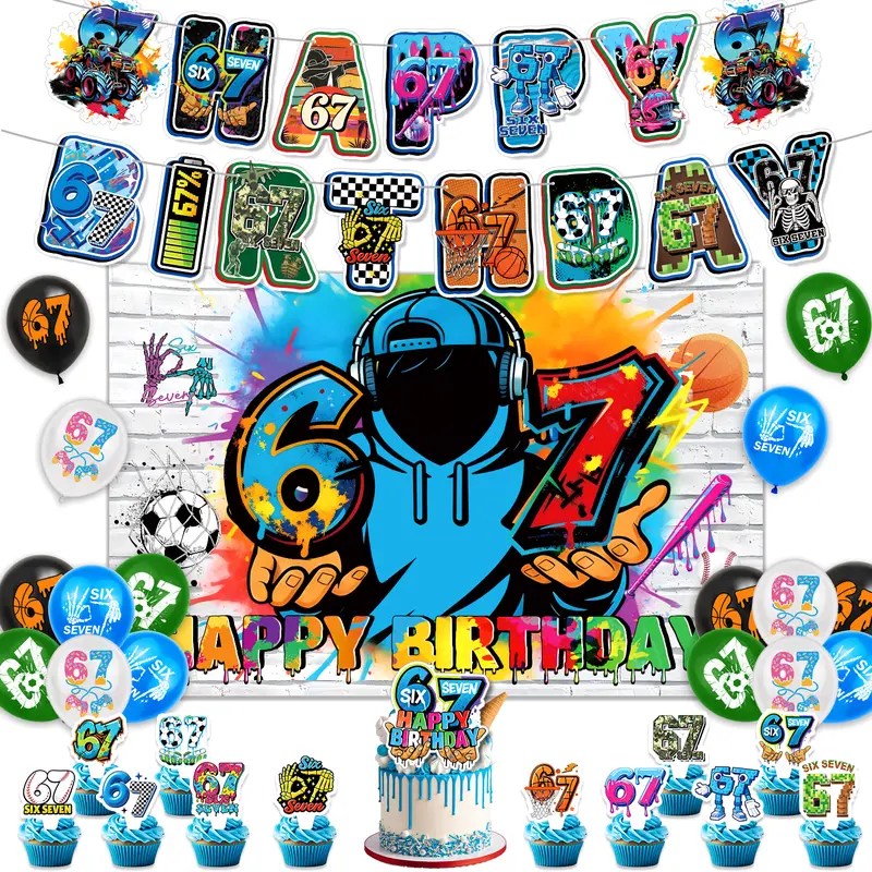 67-Piece Unisex Meme Birthday Decorations Set, Polyester Home Party Supply with 15-Piece Backdrop Banner, Balloon Decor, 1 Cake Topper - Funny Gag Gift, Gifts for Birthday Teens