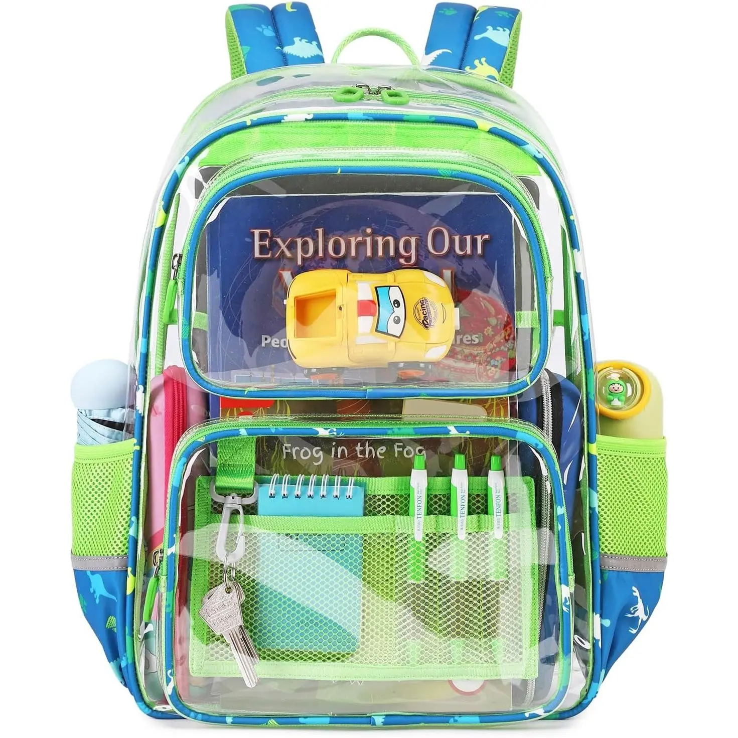 X-CPB04  Clear Backpack for Boys Girls, Heavy Duty PVC Transparent Bookbag for School with Dinosaurs Print, Stadium Events and Concert Backpacks, Green