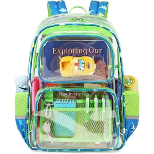 X-CPB04  Clear Backpack for Boys Girls, Heavy Duty PVC Transparent Bookbag for School with Dinosaurs Print, Stadium Events and Concert Backpacks, Green
