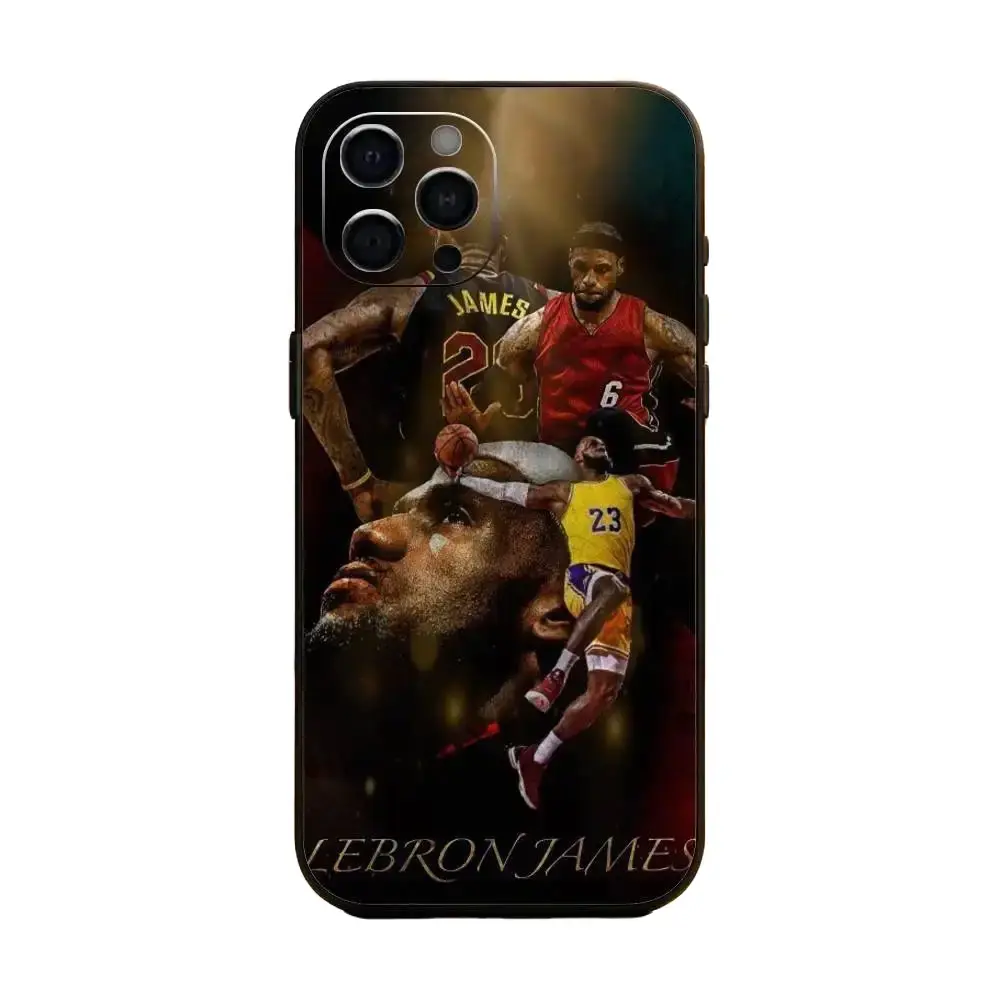 Basketball star LeBron James 23 pattern liquid phone case, compatible with iPhone 17, 16, 15, 14, 13, 12, silicone black soft case.