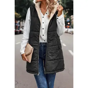 Women’s Fall Reversible Wool Vest Sleeveless Jacket Hoodie Zip Hood Pocket Long Warm Winter Coat Coat