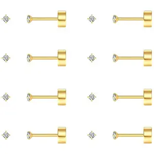 8 Pairs Tiny Flat Back Earrings for Women Men 14K Gold Plated Surgical Stainless Steel Stud Earrings Hypoallergenic Cubic Zirconia Studs Cartilage Earrings 2mm 3mm 4mm