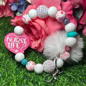 Nurse life wristlet keychain color scheme white, turquoise, pink, purple, red and bling beads made with wire