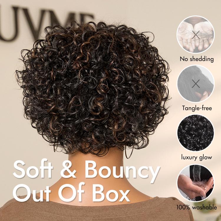 【LIVE】Brown Highlight Throw On & Go Short Bouncy Curls with Bangs Glueless Wig 100% Human Hair - US Only