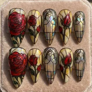 Red Rose Stained Glass Press On Nails, Handmade Gothic Victorian Almond Nails