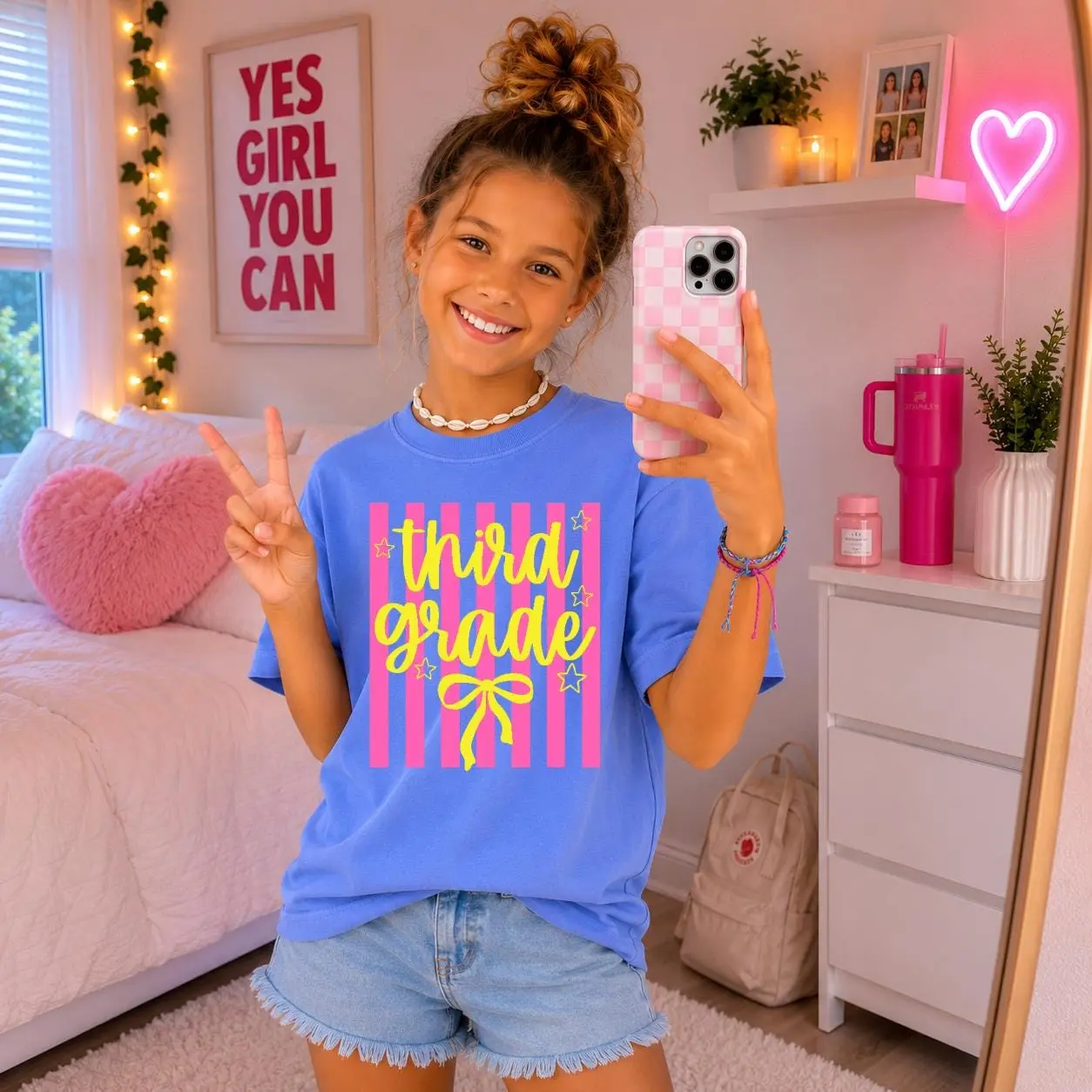 [Back to school sale] HeroShop Custom 4th Grade Back to School T-Shirt for Girls, Personalized First Day of School Crewneck Tee, Preppy Rainbow Stripe Shirt for Preschool, Kindergarten, 1st–4th Grade