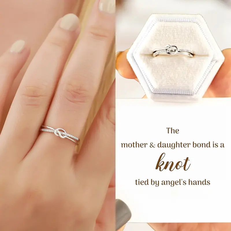 modmints Heart Knot Double Band Stackable Artificial Gemstone Ring - Hypoallergenic Nickel-Free Engraved Sentimental Female Adult Accessory, Birthday Mother’s Day Gift, Hypoallergenic Stackable Ring