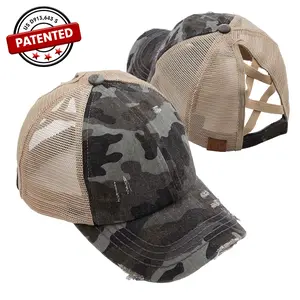 C.C Criss-Cross Ponytail Cap Washed Cotton Twill Camouflage in Mesh Elastic Band for Women Distressed Camo Baseball