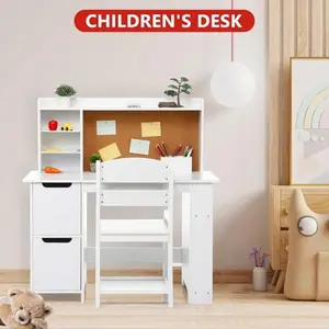 Kids Desk and Chair Set, Wooden Study Table with Storage Shelf, Bulletin Board, Children School Learning Desk Set, Writing Table for Boys and Girls, White