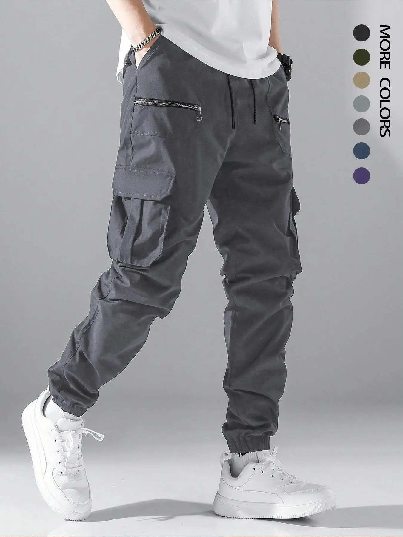 Men's Loose Solid Pocket Drawstring Waist Cargo Pants, Street Fashion Zipper Jogger Pants For Daily Wear, Casual Men's Trousers For All Seasons