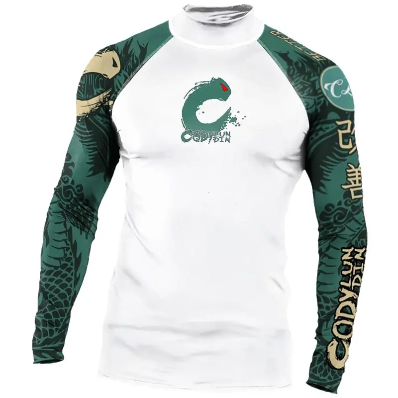 Men's Green Sublimated Tattoo Print Long Sleeve Compression Shirt - Polyester Blend Rashguard for BJJ Jiu Jitsu, Gym Fitness, Surfing - UV Protection Personalized Box Shirt, Compression Shirts