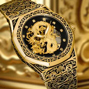 Men's trendy gold-tone watch, automatic mechanical movement, dragon motif design, sapphire crystal, water-resistant mechanical timepiece