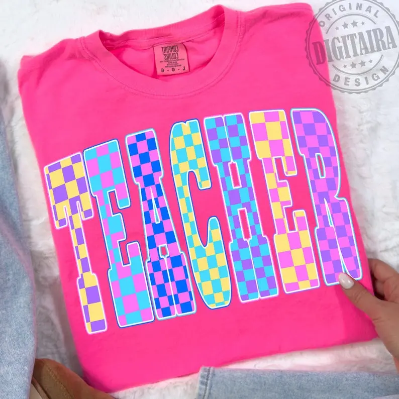 Comfort Colors Checkered Neon Teacher Heritage Graphic Tee, Aesthetic Educator Spirit Shirt, Radiant Preppy School Top, Thoughtful Classroom Heritage Apparel