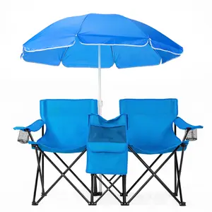 XL 2-Person Double Folding Beach Chair, 529lbs Heavy-Duty Iron Frame, Included Umbrella, Cooler Bag, Royal Blue Outdoor Camping Furniture