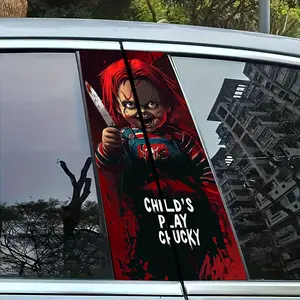 2pcs Halloween Chucky Bride Vinyl Car Door Stickers, Self-Adhesive Waterproof Horror Theme Decals with Cartoon Design for Glass and Plastic Surfaces, Glossy Finish, Ideal for Laptops, Cars, Helmets, Motorcycles, Fridge Decor