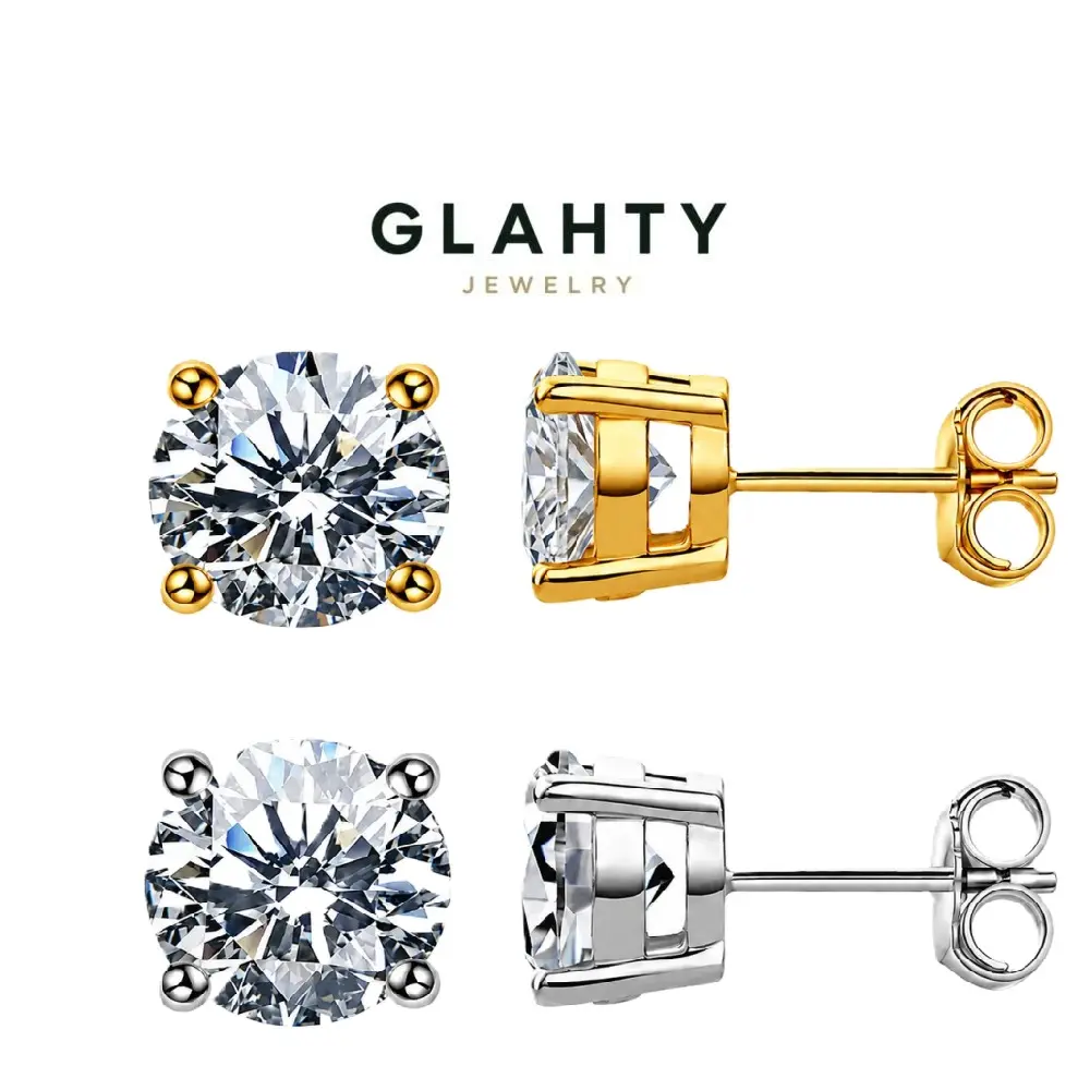 GLAHTY JEWELRY 0.1/0.3/0.5/1/2/3CT S925 Sterling Silver Moissanite Stud Earrings Classic Four-Prong Unisex Earrings