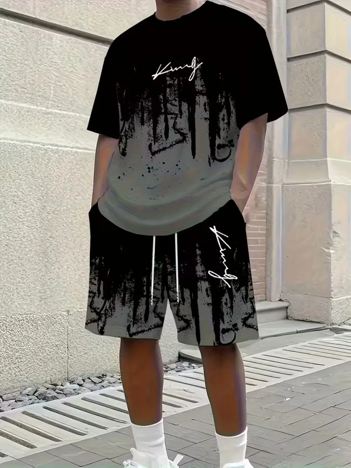 Men's Casual Short Sleeve Round Neck T-Shirt and Shorts Matching Set, Menswear, Bold 'king' Graphic Design, Drawstring Elastic Waist for Outdoor Comfort, Breathable Outfit, Shorts Sets Outfits, Print, T Shirts Set, Casual Clothing Set