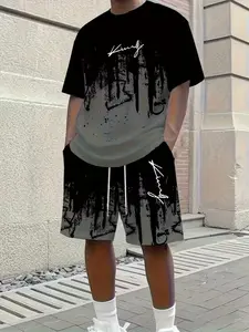 Men's Casual Short Sleeve T-Shirt and Shorts Matching Set, Bold 'king' Graphic Design, Drawstring Elastic Waist for Outdoor Comfort, Breathable Outfit