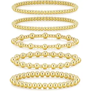 Gold Bracelets for Women Waterproof, 14K Gold Plated Beaded Strand Bead Ball Bracelets stack Adjustable Jewelry Set for Gifts
