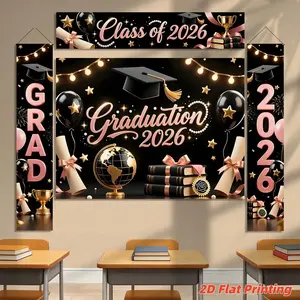 2D plane 2026 graduation season black gold theme decoration set 1 piece banner + 3 piece door curtain set with bachelor's hat, globe, book elements 2026 graduation ceremony party photo hanging cloth campus graduation season banner couplet