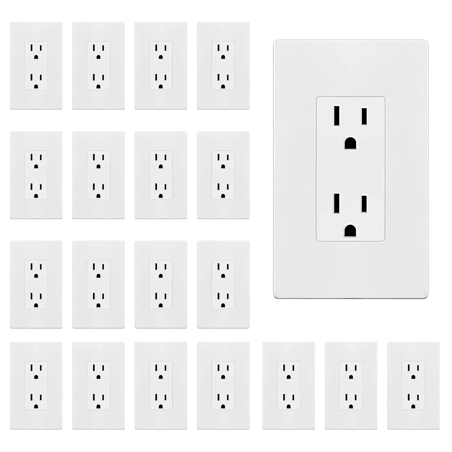 20 Pack Decorator Outlet 15A Receptacle with Screwless Wall Plate| Self-Grounding, UL Listed, Standard Residential Electrical Outlets for Home, Non-Tamper Resistant, 5-15R, 125V, Glossy White