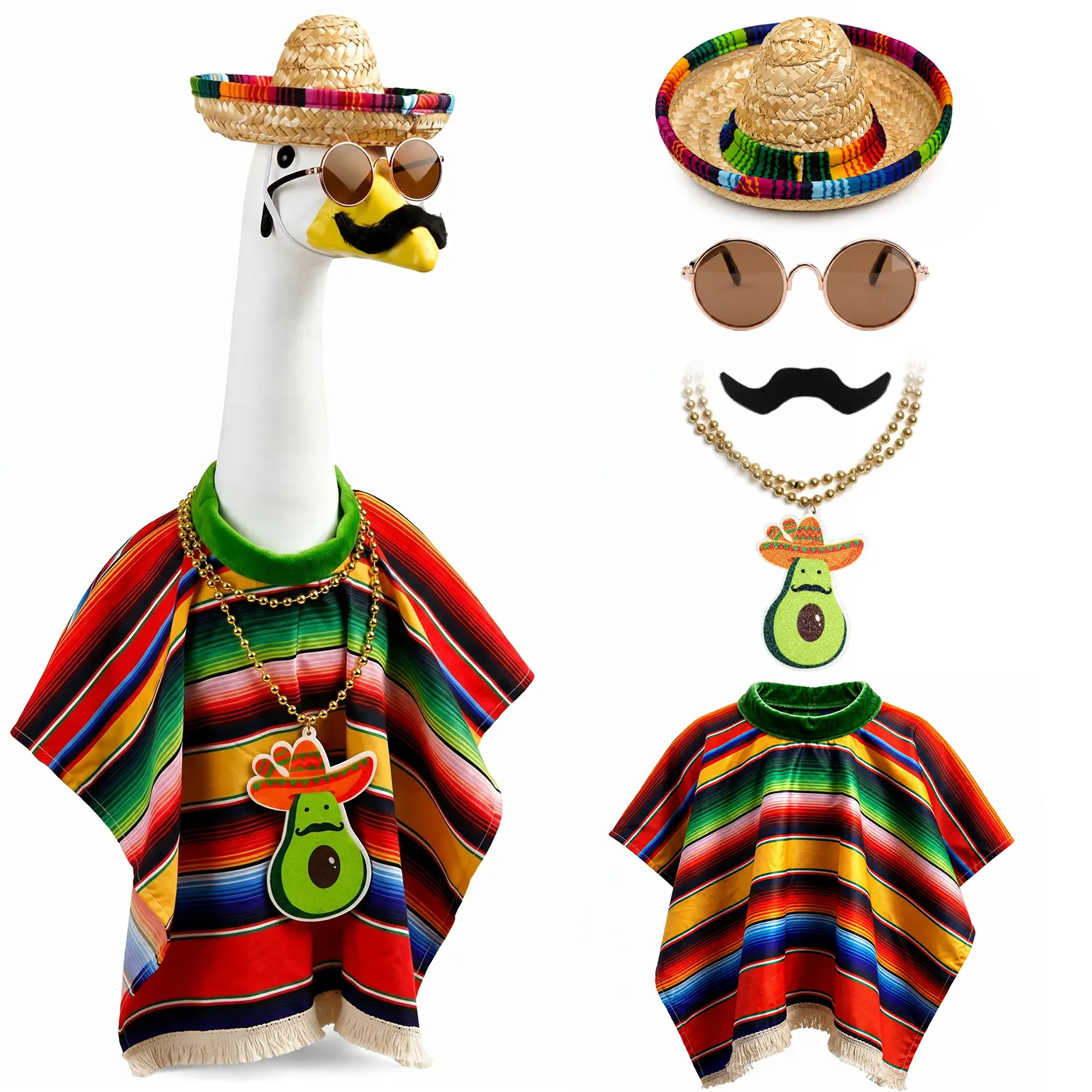 23-Inch Mexican Fiesta Theme Carnival Garden Goose Statue Decor 5-Piece Clothes Set - Colorful Stripes Poncho, Sombrero, Sunglasses, Mustache, Avocado Necklace & Accessories